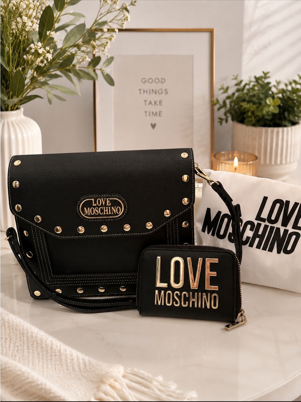 Love Moschino Black Studded Shoulder Bag with Matching Black Zip Wallet